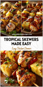 Ethan Callahan 7 Juicy grilled chicken and pineapple skewers on a platter as Easy To Grill Foods for parties.