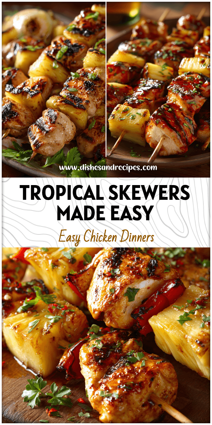 Juicy grilled chicken and pineapple skewers on a platter as Easy To Grill Foods for parties.