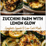 Golden grilled zucchini parmesan rounds with honey lemon glaze served on a rustic plate.