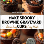 Halloween Graveyard Brownie Cups for Spooky Dessert Parties 5 Chocolate Halloween Graveyard Brownie Cups topped with cookie gravestones and candy worms as a fun Dirt Cup Dessert.