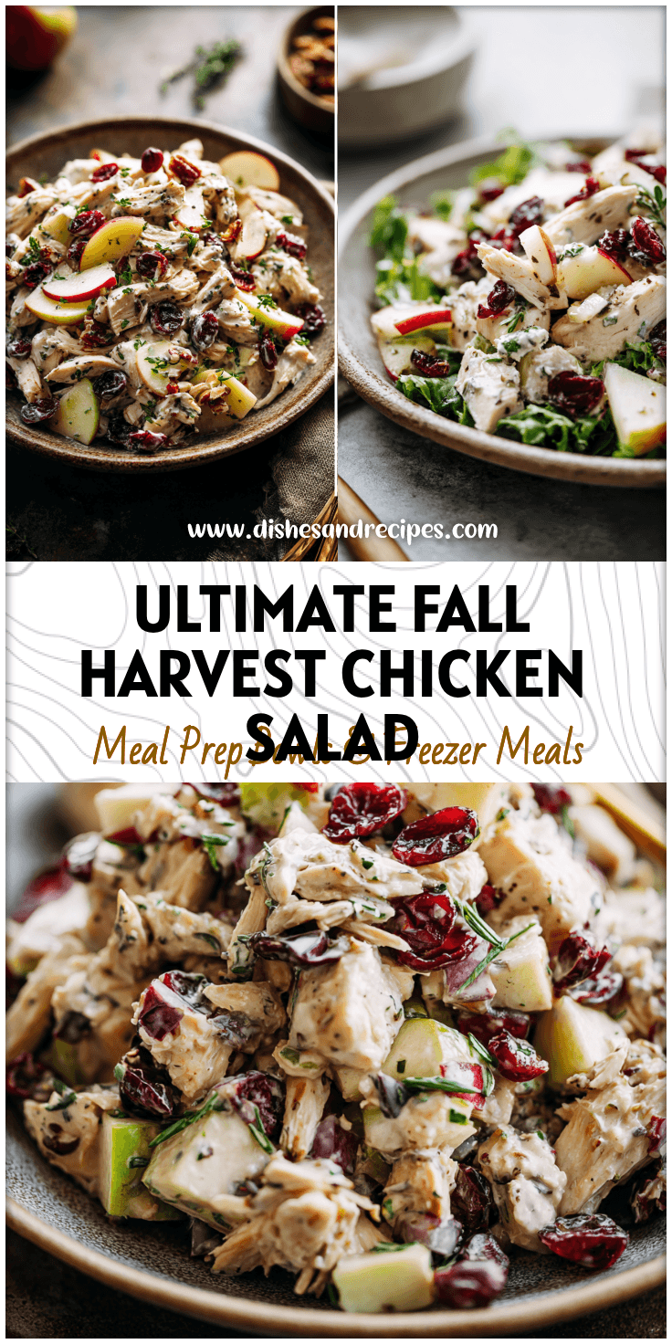 Bowl of Fall Harvest Chicken Salad with apples, cranberries, and rotisserie chicken on rustic plate