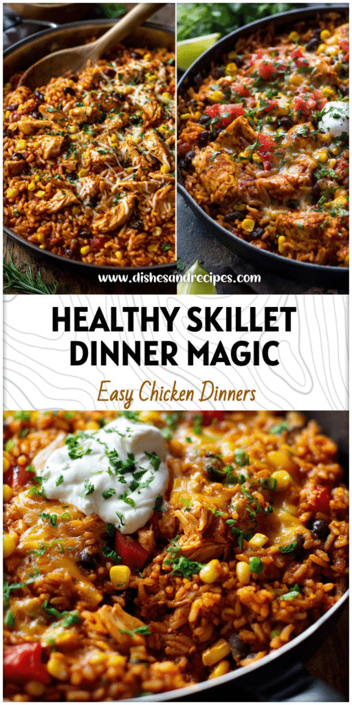 A colorful Chicken Enchilada Skillet topped with corn, cheese, and Enchilada Rice served in one pan.