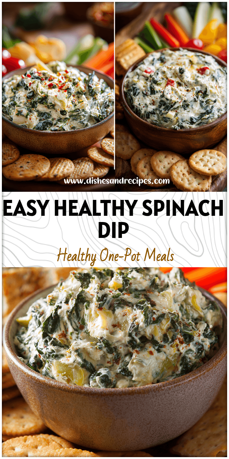 Bowl of Healthy Greek Yogurt Spinach Artichoke Dip served with crackers and fresh veggies
