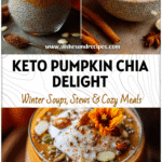 Healthy Keto Pumpkin Chia Seed Pudding with Real Pumpkin 5 Bowl of Pumpkin Chia Seed Pudding topped with pumpkin puree and spices on a fall-themed background.