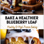 A moist Healthy Lemon Blueberry Loaf Cake topped with fresh blueberries and a lemon glaze on a wooden board