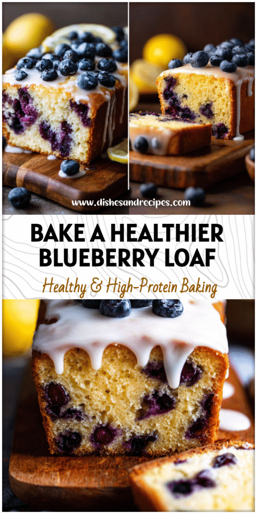 A moist Healthy Lemon Blueberry Loaf Cake topped with fresh blueberries and a lemon glaze on a wooden board