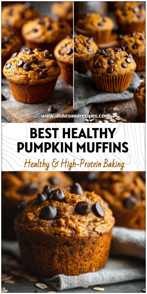 Home 13 Freshly baked Healthy Pumpkin Chocolate Chip Muffins with applesauce and oats in a rustic kitchen setting