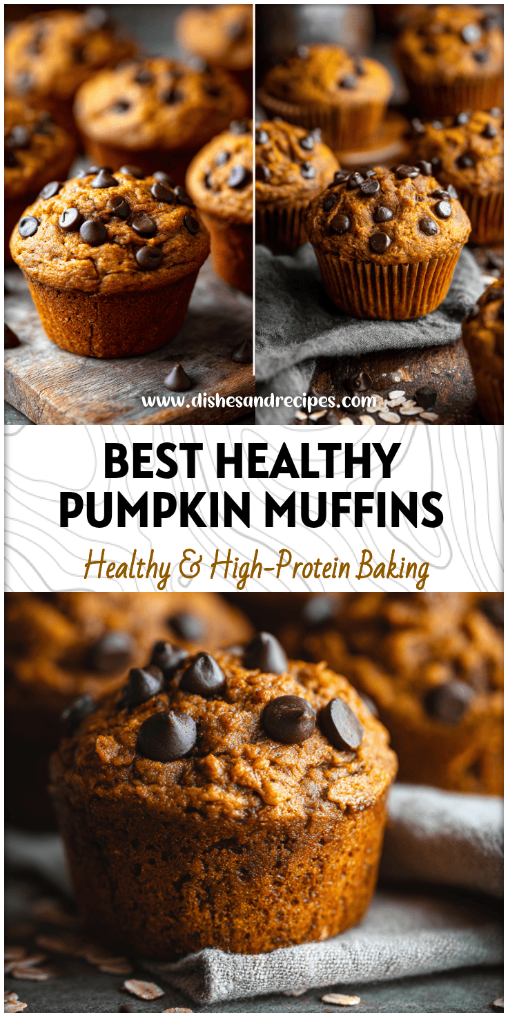Freshly baked Healthy Pumpkin Chocolate Chip Muffins with applesauce and oats in a rustic kitchen setting