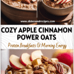 High-Protein Apple Cinnamon Oatmeal Recipe for a Healthy Breakfast 5 A warm bowl of healthy apple cinnamon oatmeal topped with apple slices and nuts served for breakfast.
