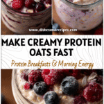 A glass jar filled with High Protein Berry Overnight Oats topped with fresh berries and creamy oats.
