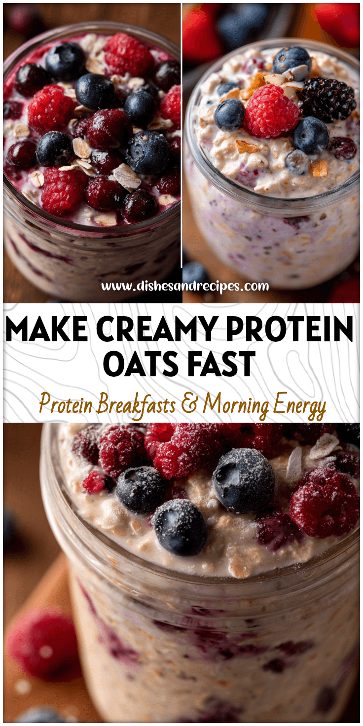 A glass jar filled with High Protein Berry Overnight Oats topped with fresh berries and creamy oats.