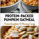 Bowl of Pumpkin Oatmeal made with Canned Pumpkin, Pumpkin Seeds, and drizzled with Pure Maple Syrup.