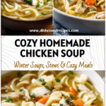 Bowl of Homemade Chicken And Noodle Soup with tender noodles and herbs in a cozy kitchen setting