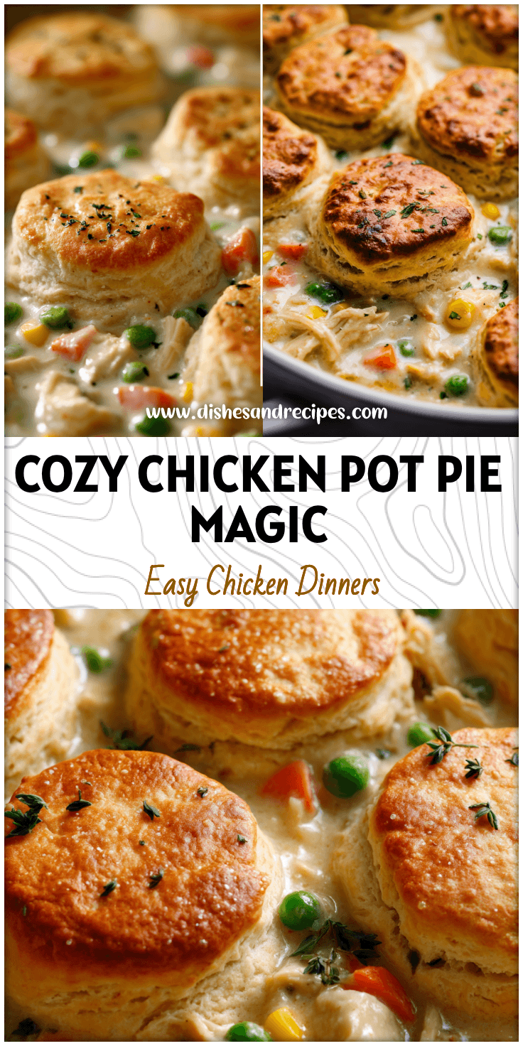 Golden biscuit-topped Homemade Chicken Pot Pie casserole served warm for cozy dinner ideas.