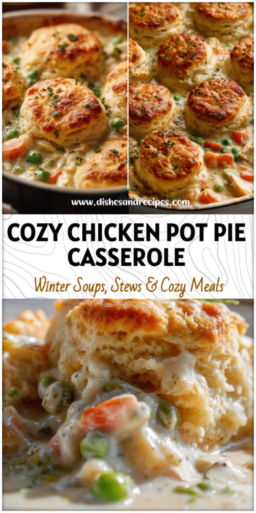 Home 14 Golden Homestyle Chicken Pot Pie Casserole topped with biscuits and creamy filling served for dinner ideas