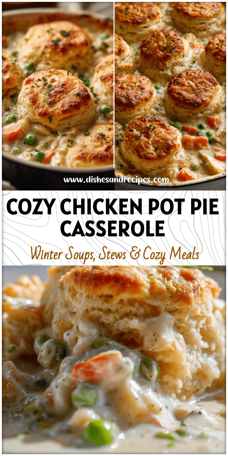 Golden Homestyle Chicken Pot Pie Casserole topped with biscuits and creamy filling served for dinner ideas