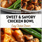 Baked honey garlic chicken with roasted sweet potatoes and green beans served on a white plate.