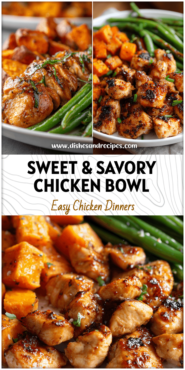 Baked honey garlic chicken with roasted sweet potatoes and green beans served on a white plate.