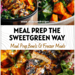 Honey mustard chicken meal prep bowls with roasted sweet potatoes and greens resembling a Sweetgreen Honey Chicken Recipe.