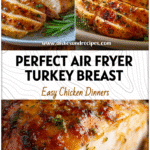 Juicy Air-Fryer Thanksgiving Turkey Breast Recipe 5 Golden roasted Air Fryer Butterball Turkey Breast sliced on a platter with herbs and sides.