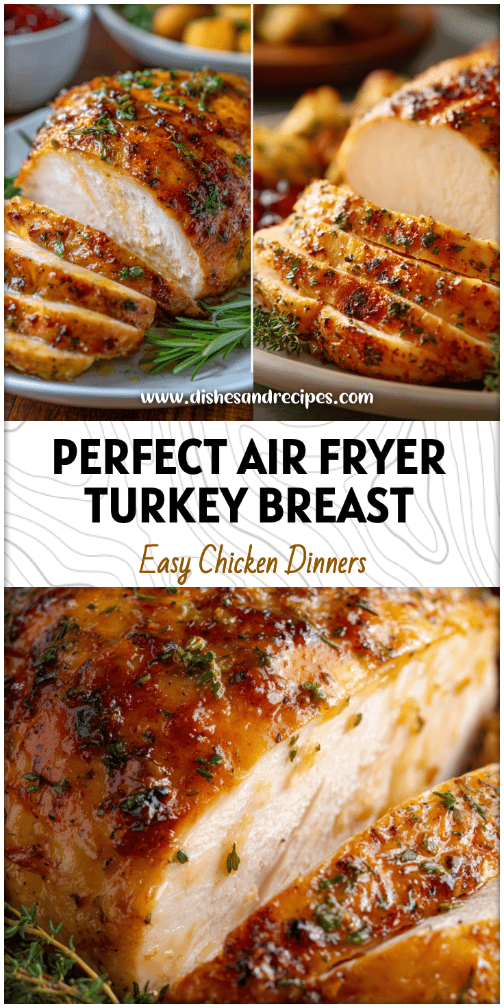 Golden roasted Air Fryer Butterball Turkey Breast sliced on a platter with herbs and sides.