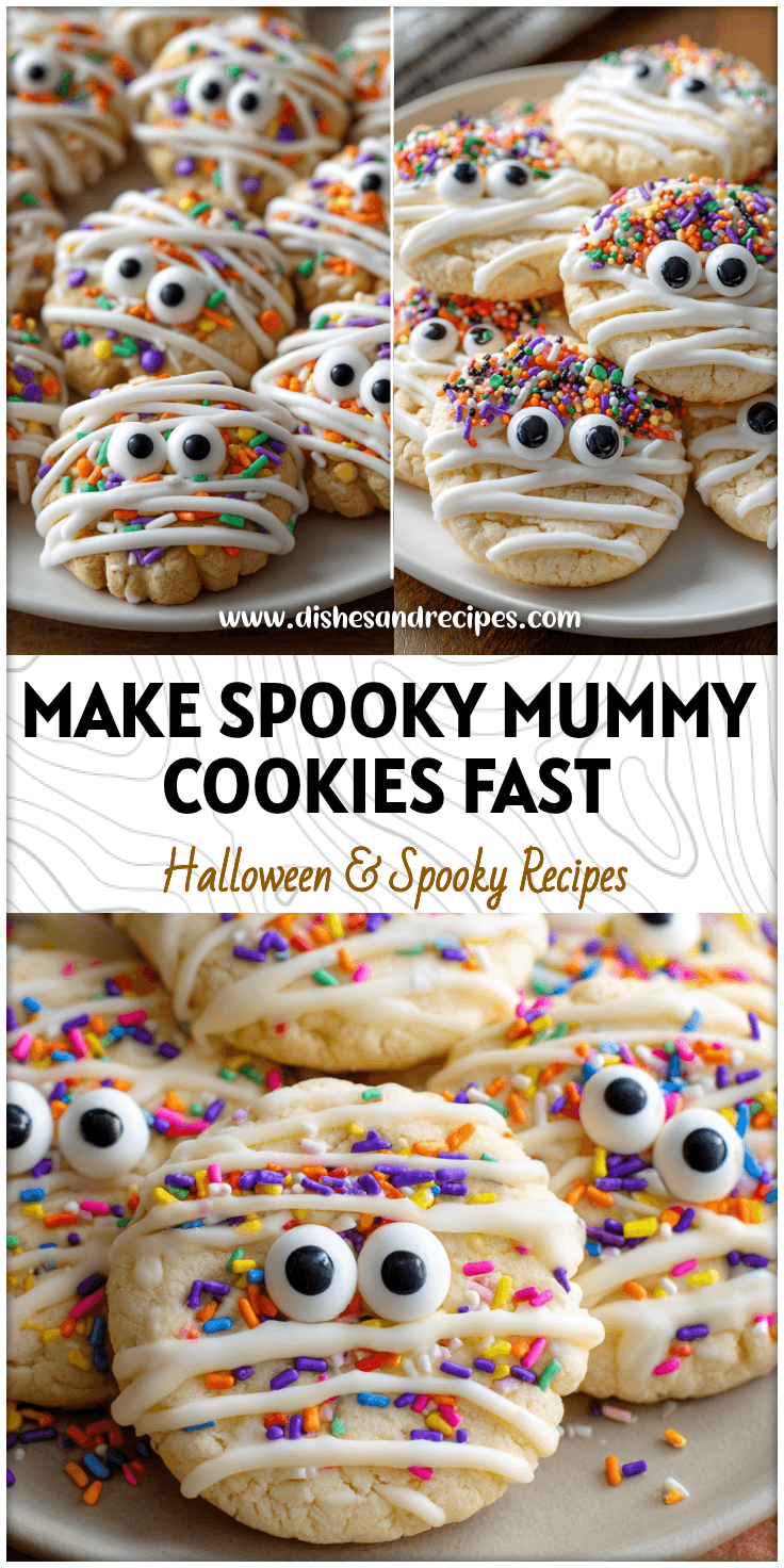 Plate of Mummy Cookies With Candy Eyes drizzled with white chocolate and Halloween sprinkles.