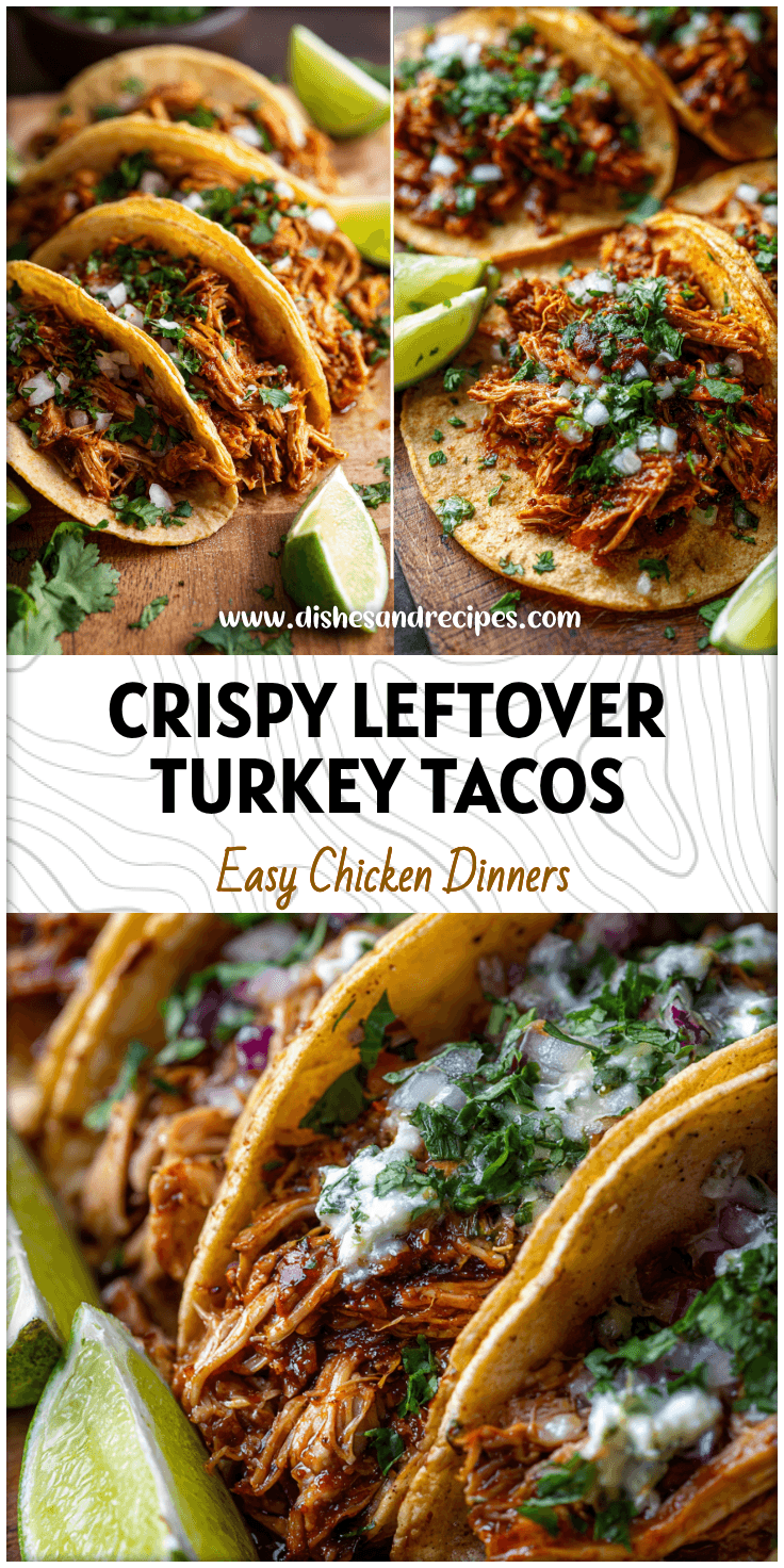 Close-up of Leftover Turkey Tacos with golden Pulled Turkey Carnitas topped with fresh herbs and lime wedges.