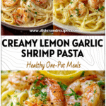 Lemon Garlic Shrimp Pasta with Creamy Lemon Butter Sauce 5 Plate of creamy Lemon Garlic Shrimp Linguine topped with parsley and lemon slices