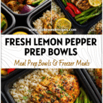 Colorful lemon pepper chicken meal prep bowls with rice, veggies, and sliced lemon arranged neatly in containers.