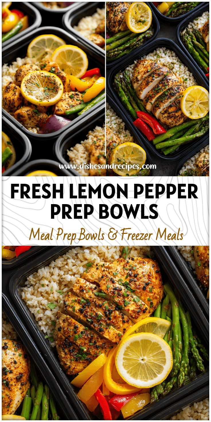 Colorful lemon pepper chicken meal prep bowls with rice, veggies, and sliced lemon arranged neatly in containers.