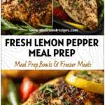 Baked lemon pepper chicken breast served with vegetables for low cal low sodium meal prep dinner.