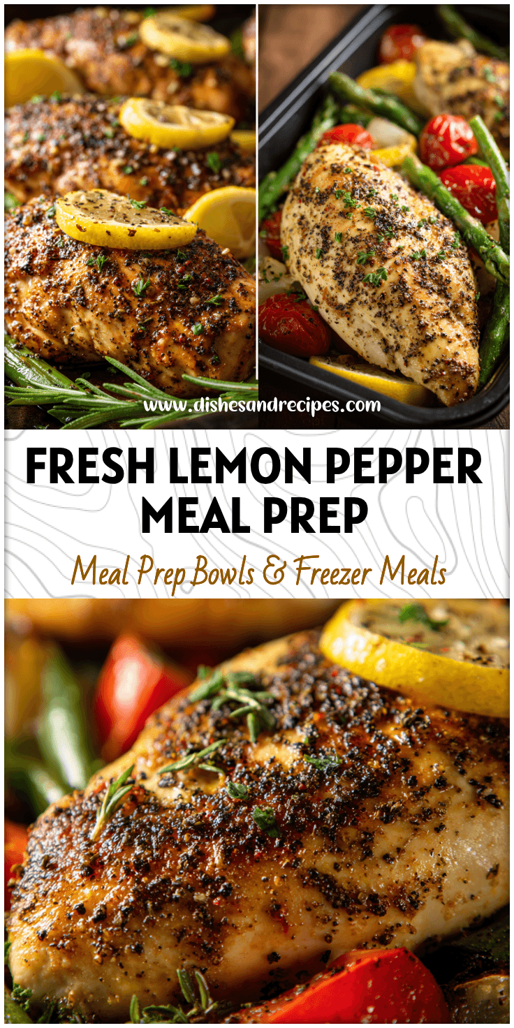 Baked lemon pepper chicken breast served with vegetables for low cal low sodium meal prep dinner.