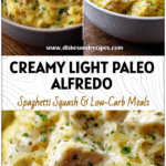 Bowl of creamy light chicken alfredo spaghetti squash topped with herbs for a paleo dinner recipe