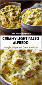 Bowl of creamy light chicken alfredo spaghetti squash topped with herbs for a paleo dinner recipe