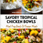 Colorful bowl of Mango Chicken with Avocado Salsa served over Coconut Rice in a tropical presentation