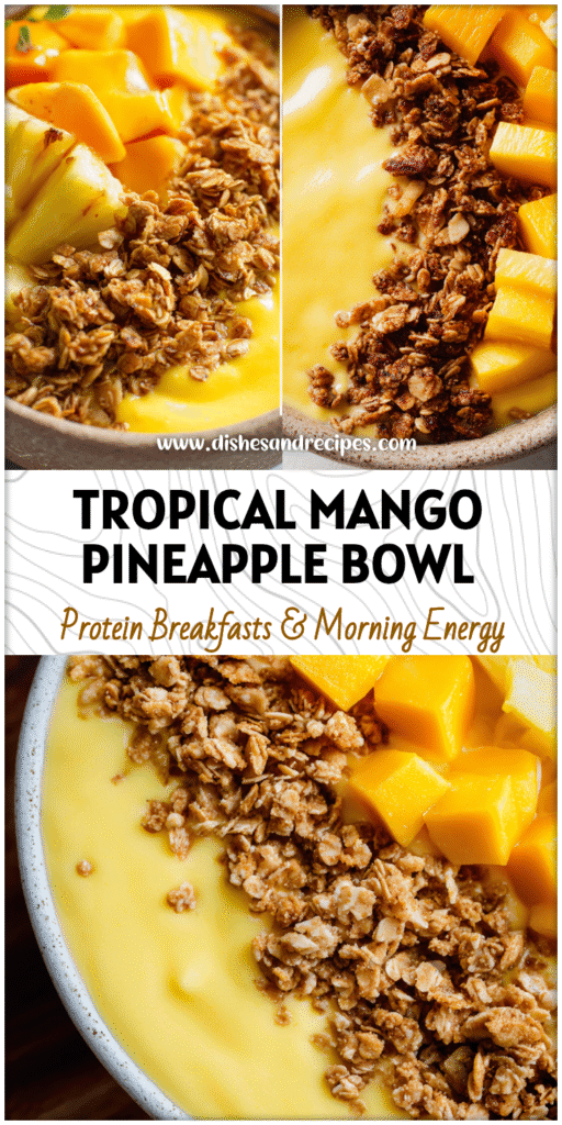 Home 36 Vibrant Mango Pineapple Smoothie Bowl topped with granola and tropical fruit in an aesthetic smoothie bowl style