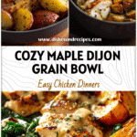 Bowl of maple dijon chicken and roasted potatoes served with greens for a Healthy Fall Grain Bowl.