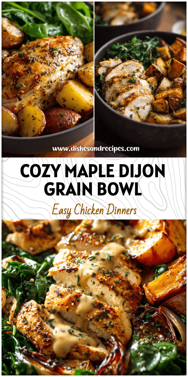Bowl of maple dijon chicken and roasted potatoes served with greens for a Healthy Fall Grain Bowl.
