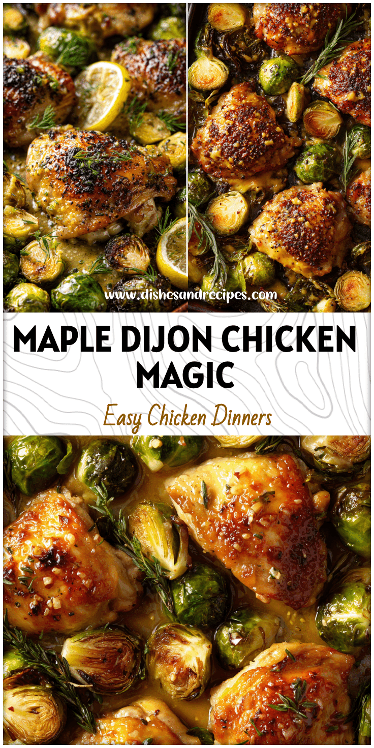 Sheet pan with glazed chicken thighs and roasted Brussels sprouts in maple Dijon mustard sauce.
