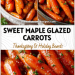 Bowl of shiny maple glazed cooked carrots with brown sugar glaze and honey drizzle.