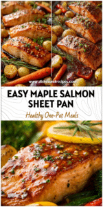 Claire Holloway 4 Sheet pan with Maple Dijon Glazed Salmon fillets baked with vegetables and drizzled maple glaze.