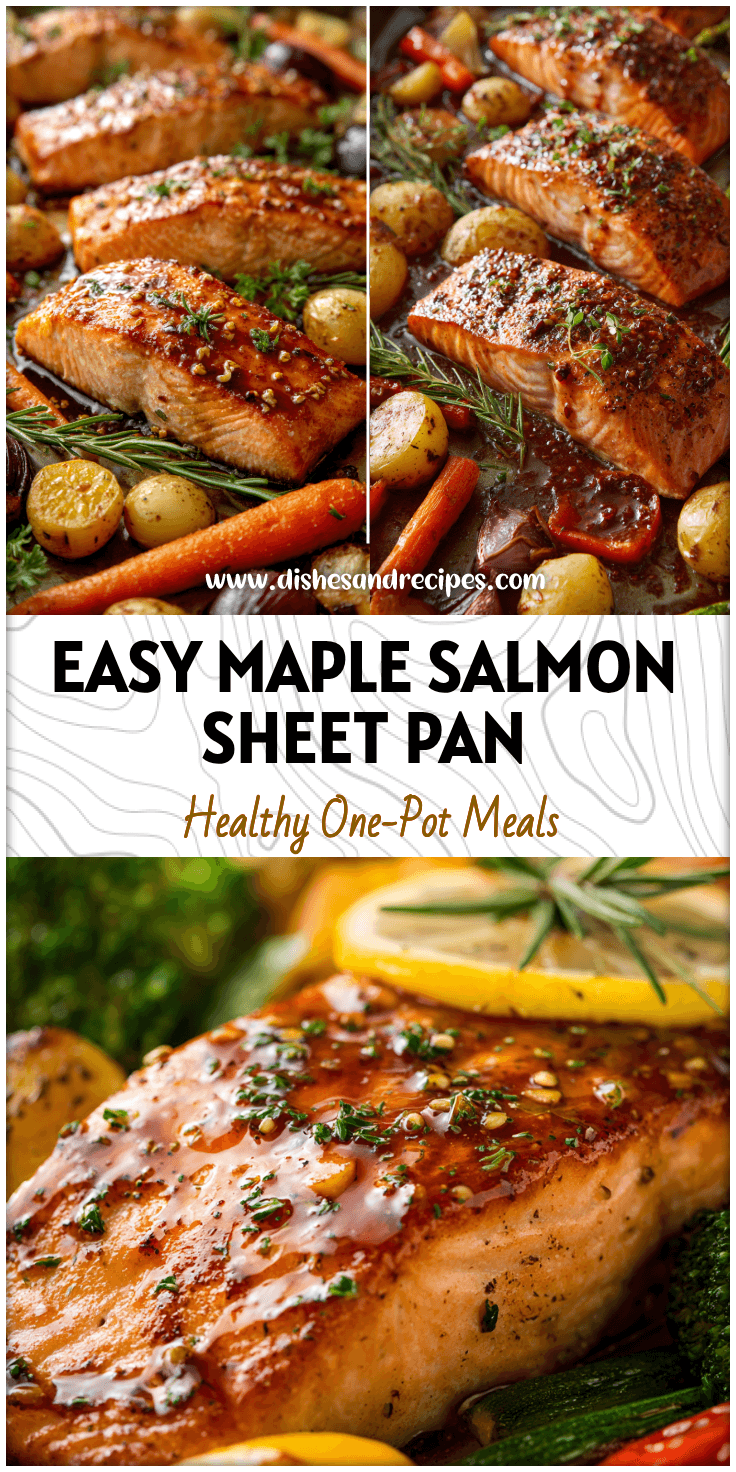 Sheet pan with Maple Dijon Glazed Salmon fillets baked with vegetables and drizzled maple glaze.