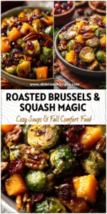 Bowl of maple roasted Brussels sprouts with butternut squash, cranberries, and pecans as a festive side dish.