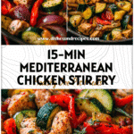 Colorful Mediterranean Chicken and veggie stir fry served in a skillet with herbs and lemon.