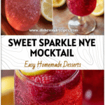 NYE Sparkling Raspberry Mocktail: Cute Mixed Drink Ideas for Countdown Fun 5 Glittery pink raspberry mocktail in a tall glass with lemon slice at a neon-themed drink mixing station