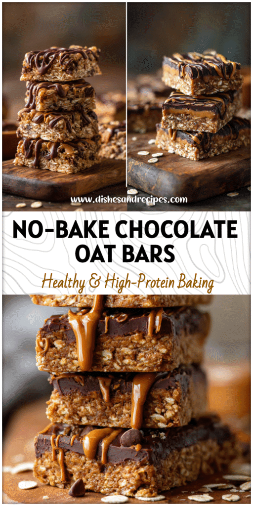 Home 10 Stack of No-Bake Chocolate Peanut Protein Bars with oats and peanut butter drizzled on top on a rustic board.