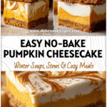 No bake pumpkin cheesecake bars with creamy swirled layers on a graham cracker crust, garnished with cinnamon.