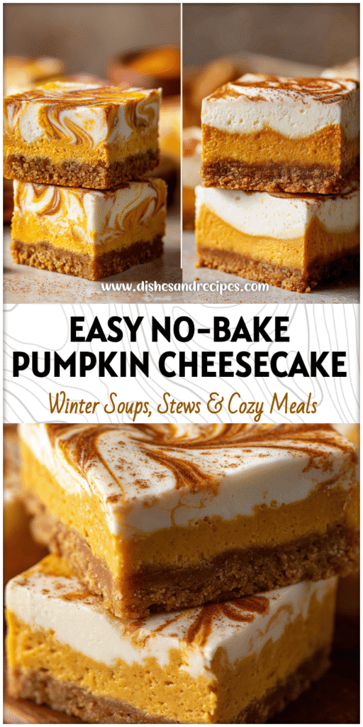 Home 12 No bake pumpkin cheesecake bars with creamy swirled layers on a graham cracker crust, garnished with cinnamon.