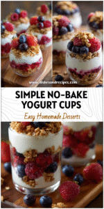 No-bake yogurt fruit cups layered with berries, granola, and creamy frozen yogurt parfait.