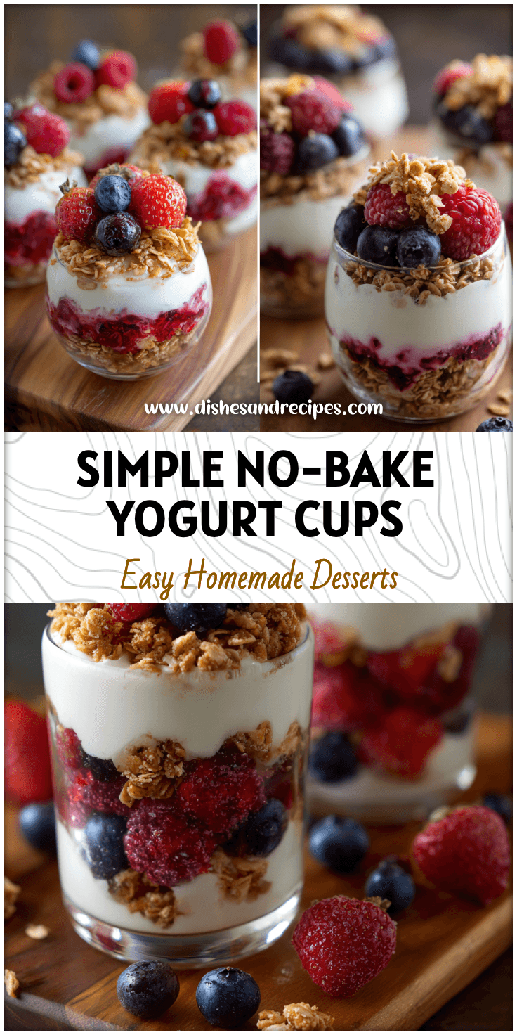 No-bake yogurt fruit cups layered with berries, granola, and creamy frozen yogurt parfait.